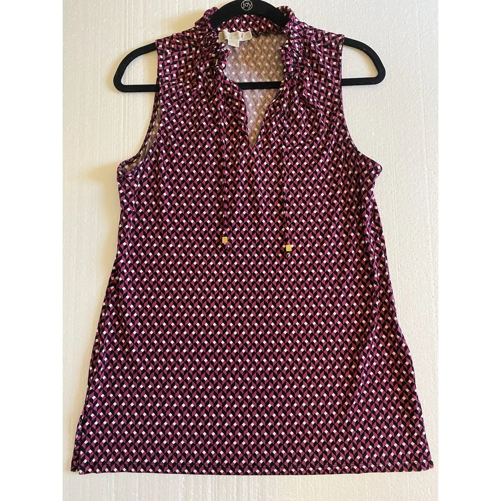 Michael Kors Women's Sleeveless Geometric Blouse Red White Black Polyester